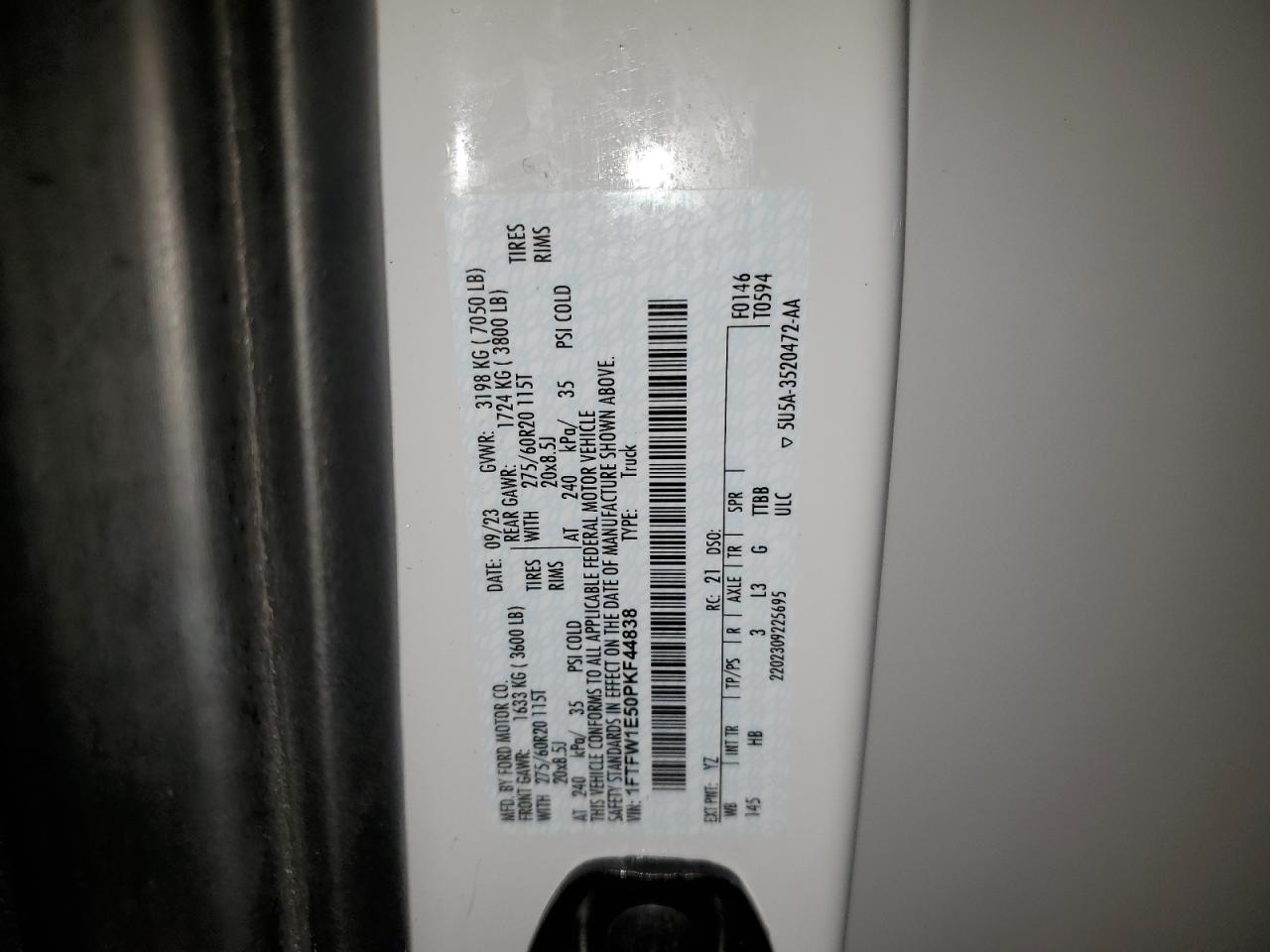 2023 FORD F150 SUPERCREW VIN:1FTFW1E50PKF44838