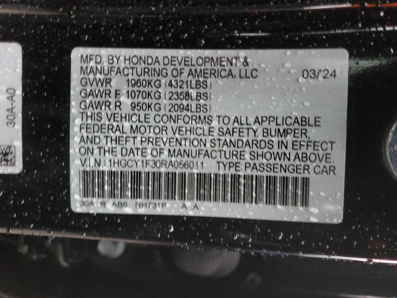 2024 HONDA ACCORD EX VIN:1HGCY1F30RA056011