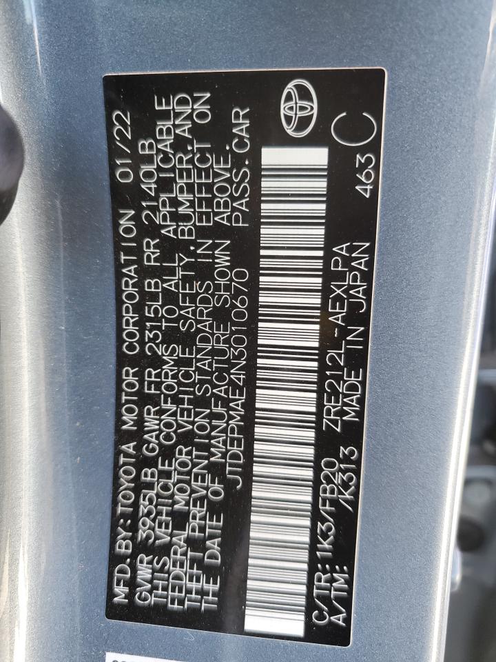 2022 TOYOTA COROLLA LE VIN:JTDEPMAE4N3010670
