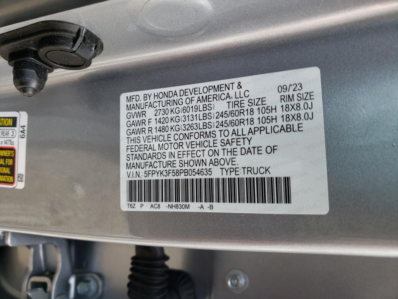 2023 HONDA RIDGELINE RTL VIN:5FPYK3F58PB054635