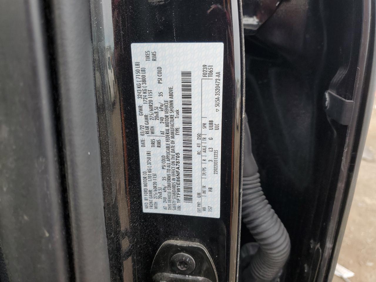 2022 FORD F150 SUPERCREW VIN:1FTFW1E86NFA78705