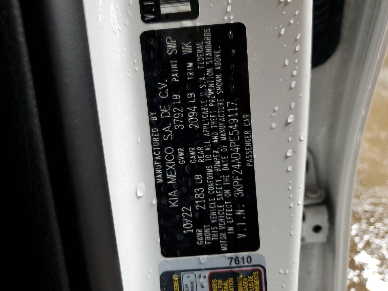 2023 KIA FORTE LX VIN:3KPF24AD4PE549117