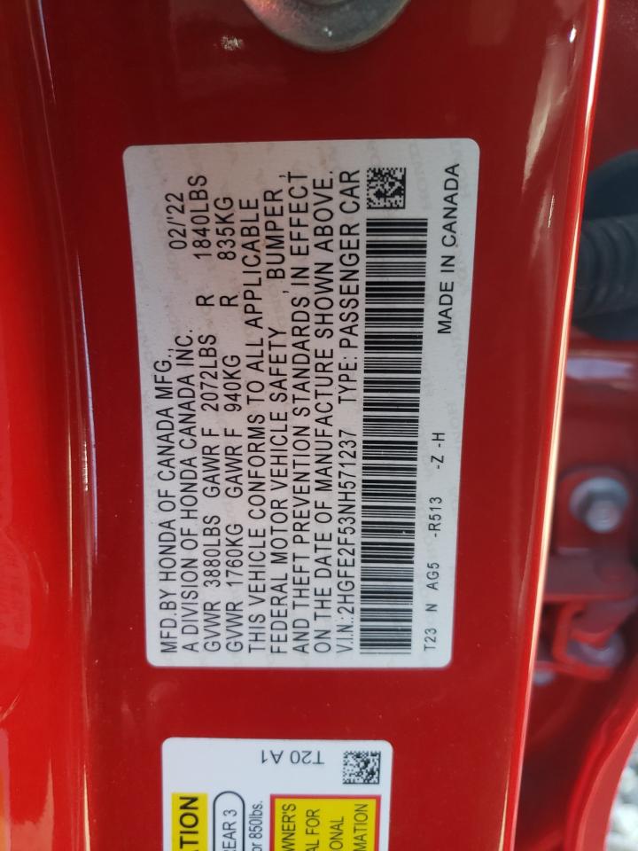 2022 HONDA CIVIC SPORT VIN:2HGFE2F53NH571237