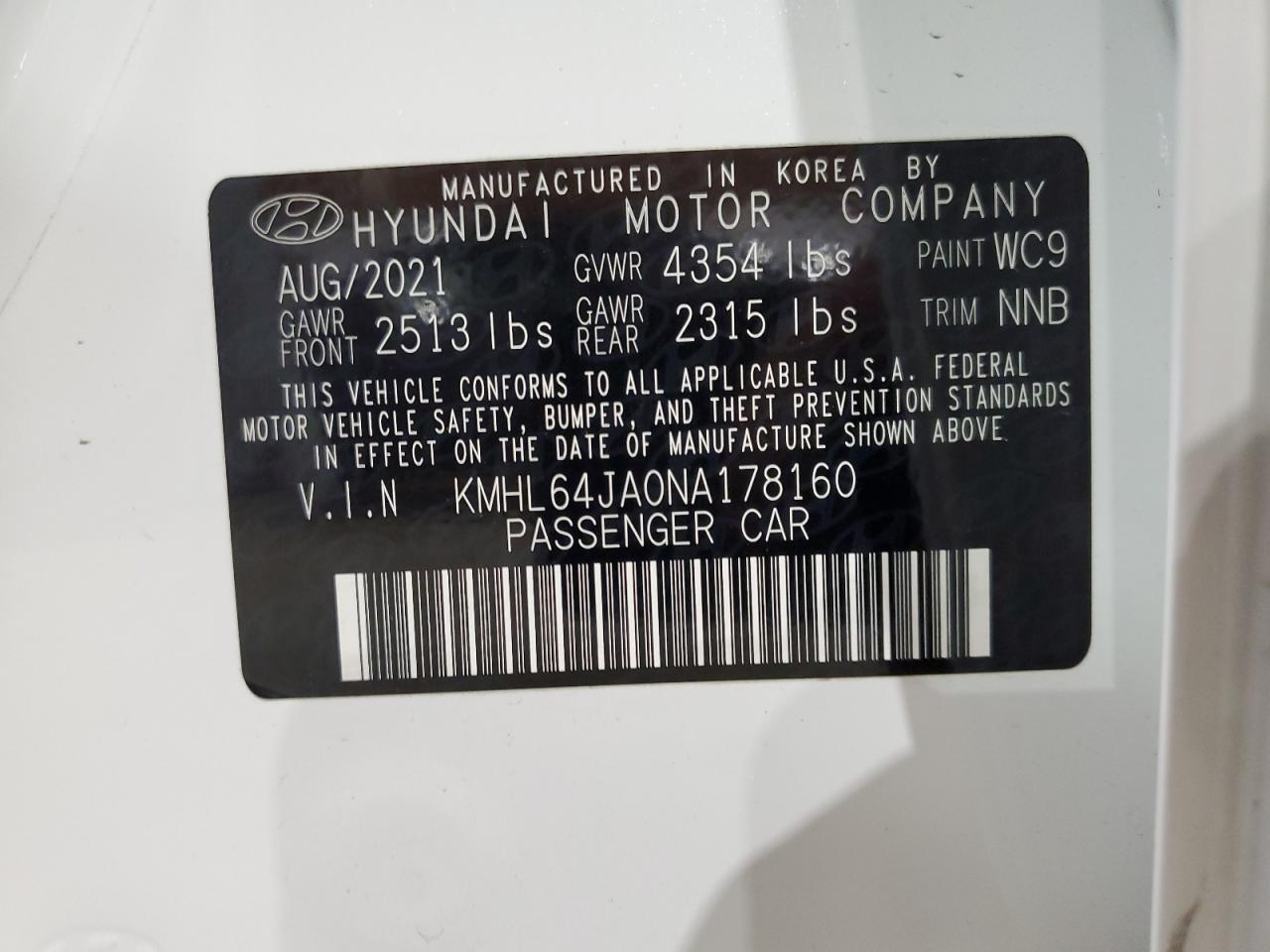 2022 HYUNDAI SONATA SEL VIN:KMHL64JA0NA178160