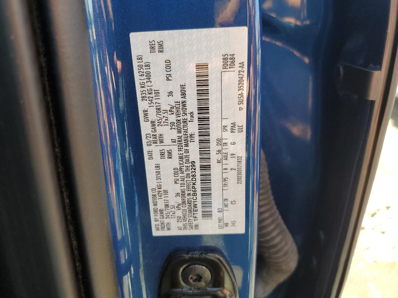 2023 FORD F150 SUPERCREW VIN:1FTEW1CB6PKD83299