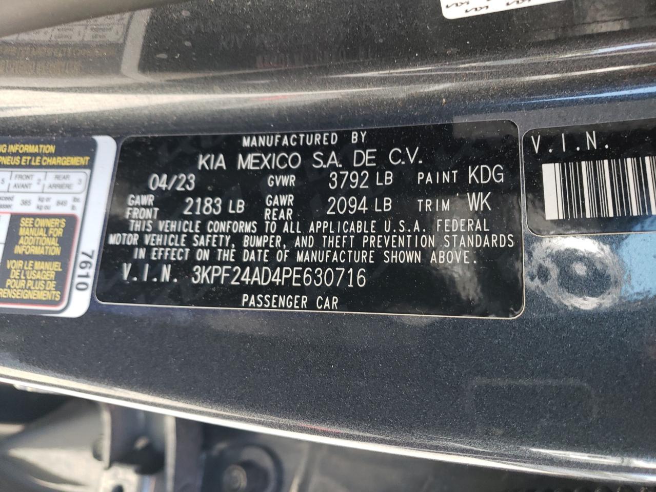 2023 KIA FORTE LX VIN:3KPF24AD4PE630716
