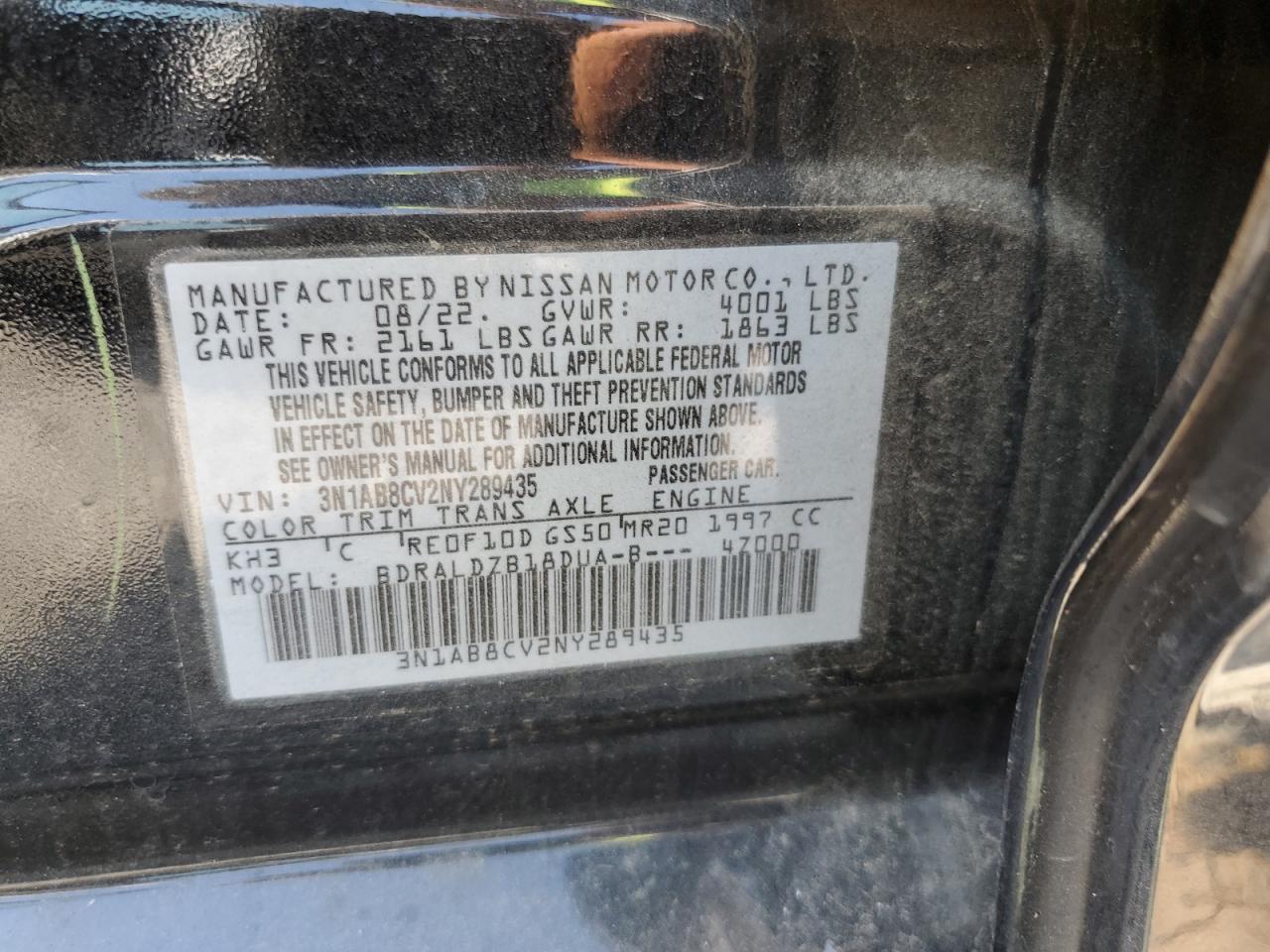 2022 NISSAN SENTRA SV VIN:3N1AB8CV2NY289435