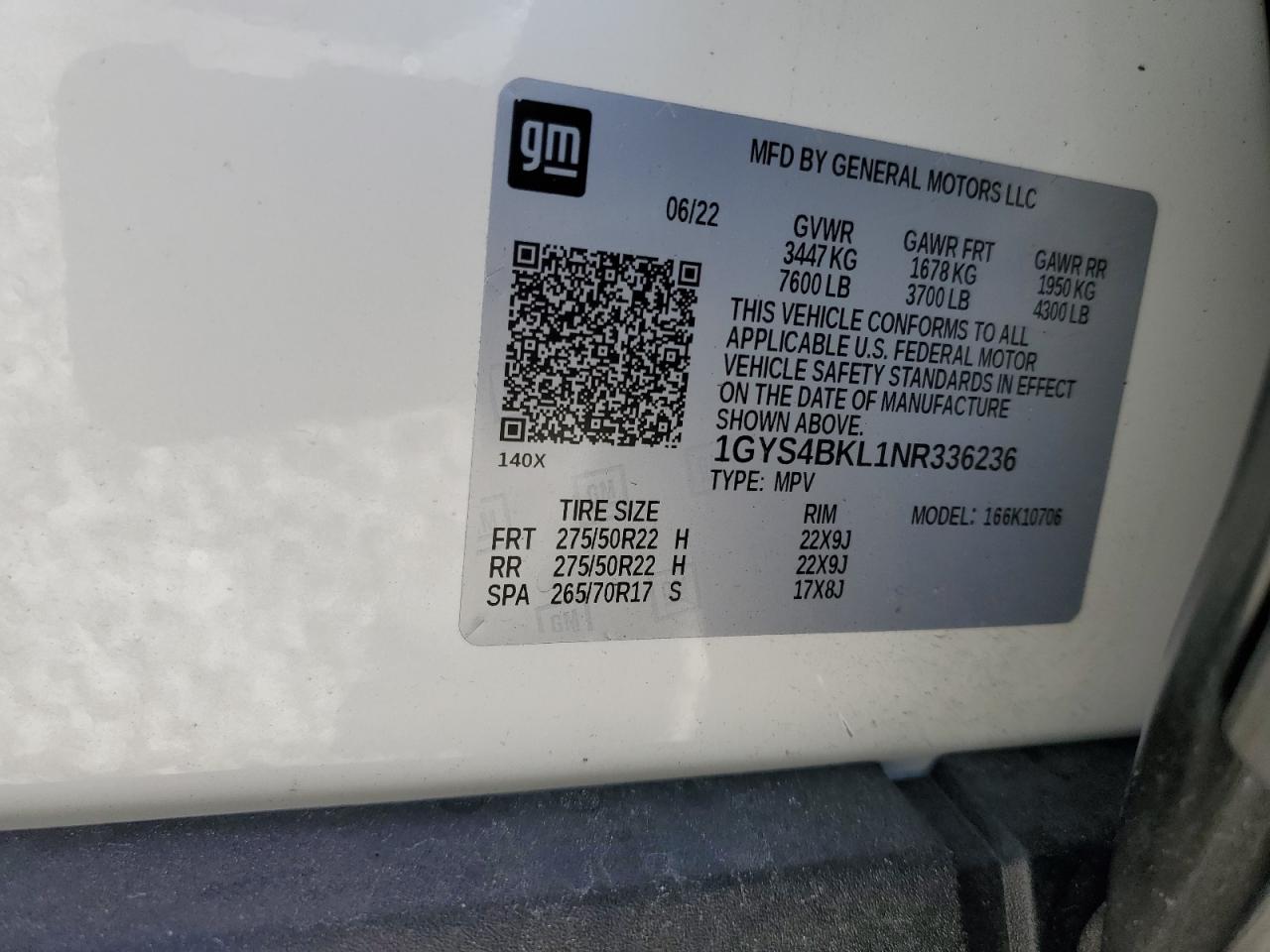 2022 CADILLAC ESCALADE PREMIUM LUXURY VIN:1GYS4BKL1NR336236