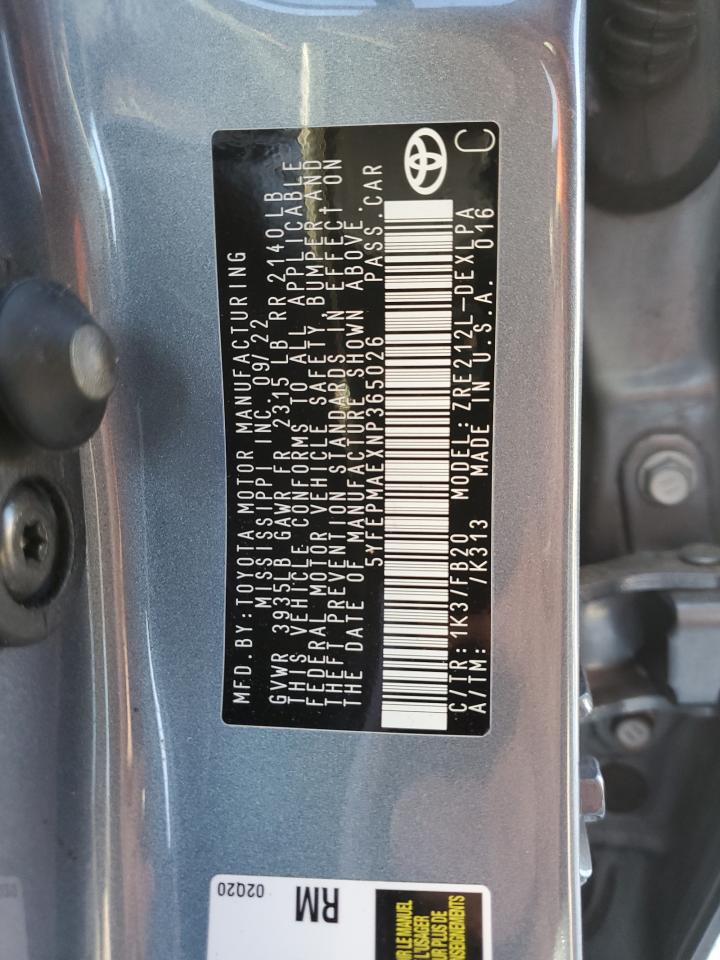 2022 TOYOTA COROLLA LE VIN:5YFEPMAEXNP365026