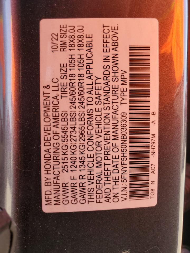 2022 HONDA PILOT EXL VIN:5FNYF5H50NB036309