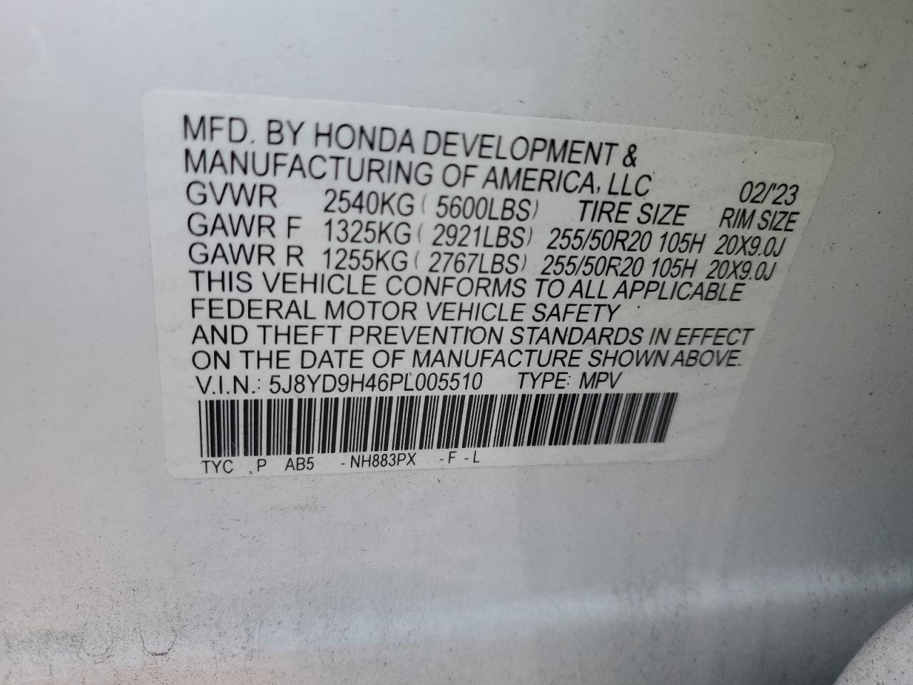 2023 ACURA MDX TECHNOLOGY VIN:5J8YD9H46PL005510