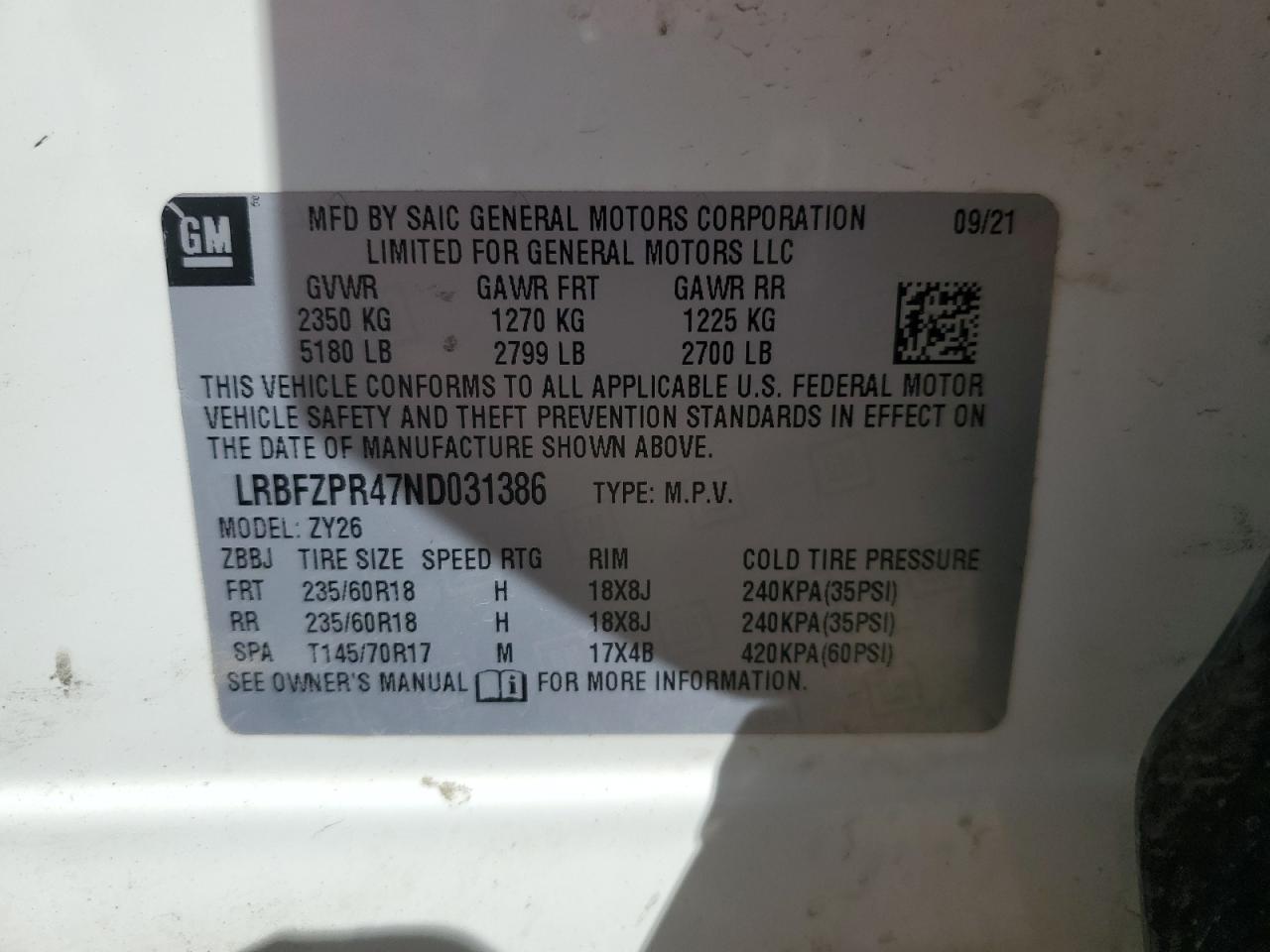 2022 BUICK ENVISION ESSENCE VIN:LRBFZPR47ND031386