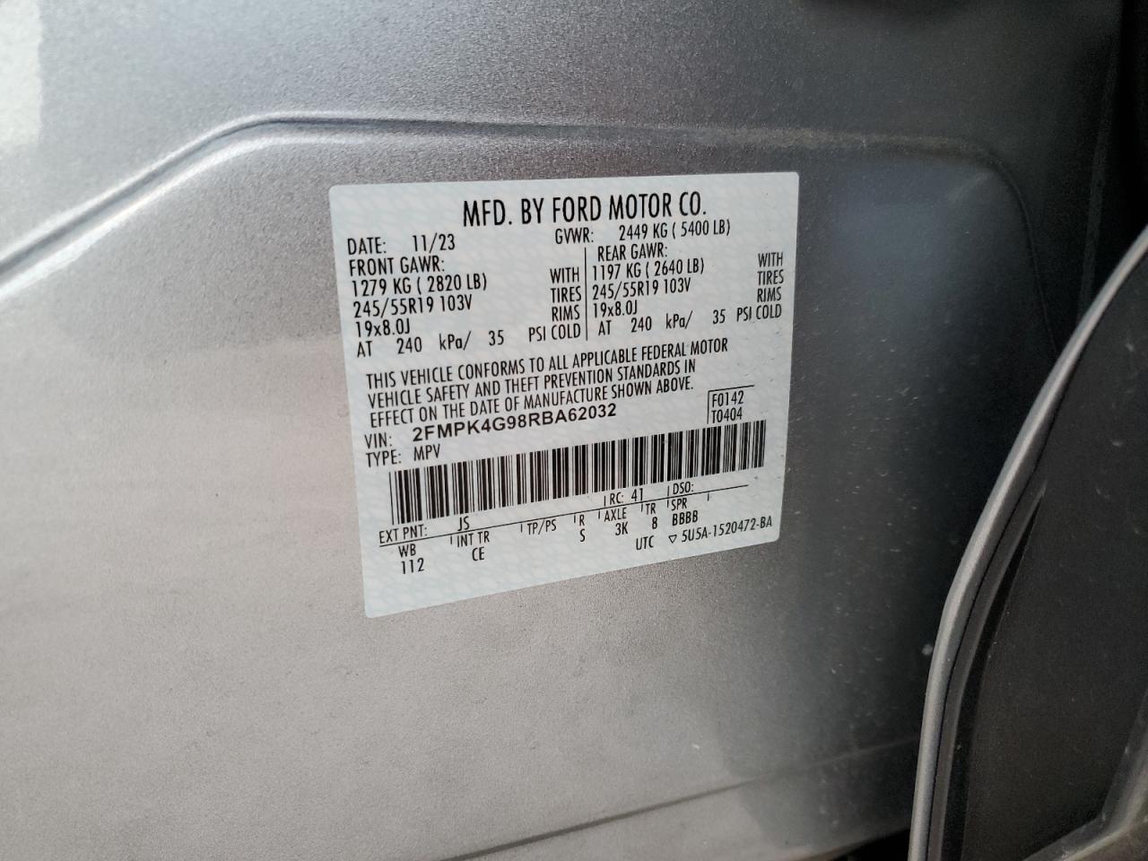2024 FORD EDGE SE VIN:2FMPK4G98RBA62032