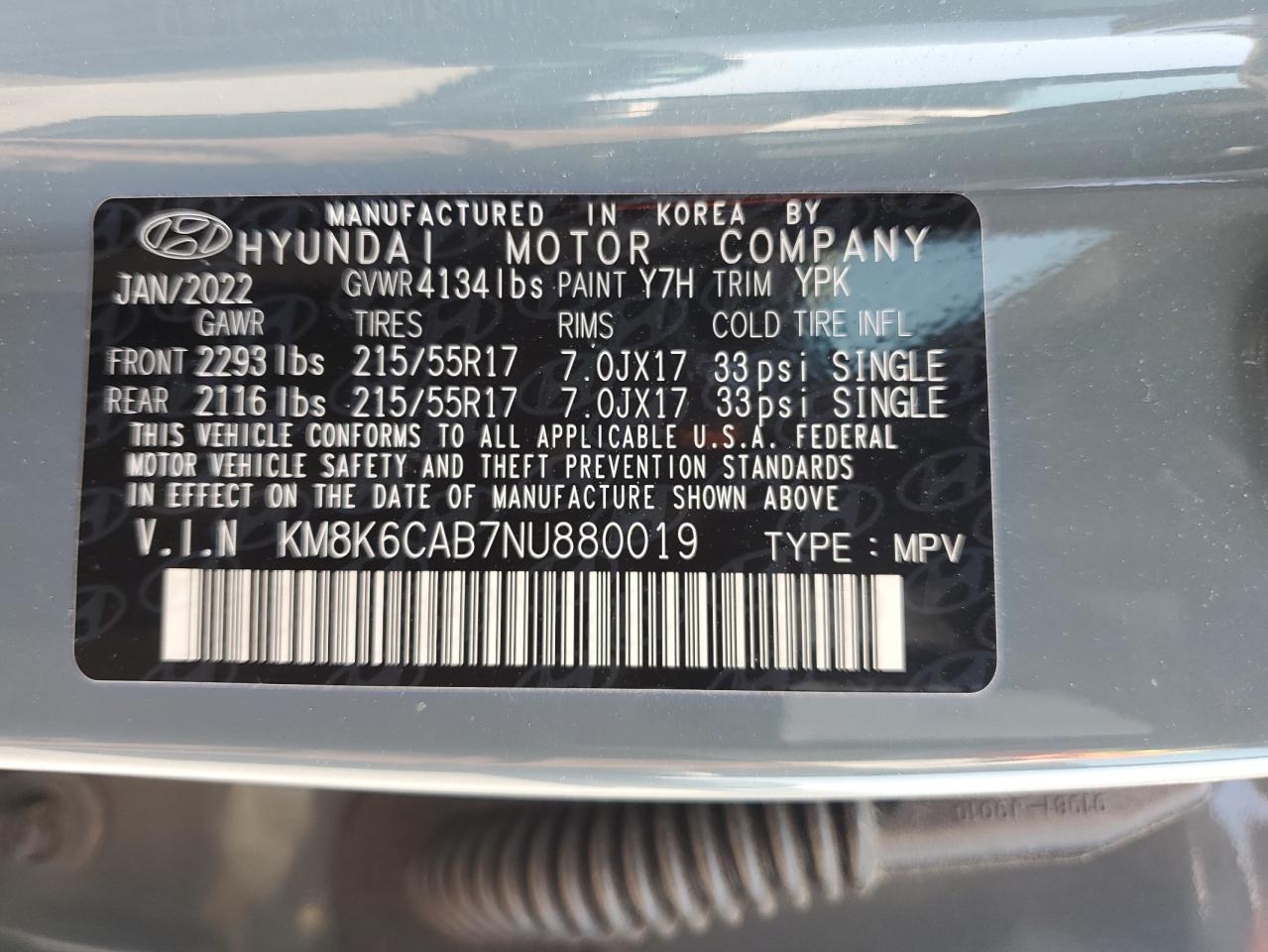 2022 HYUNDAI KONA SEL VIN:KM8K6CAB7NU880019