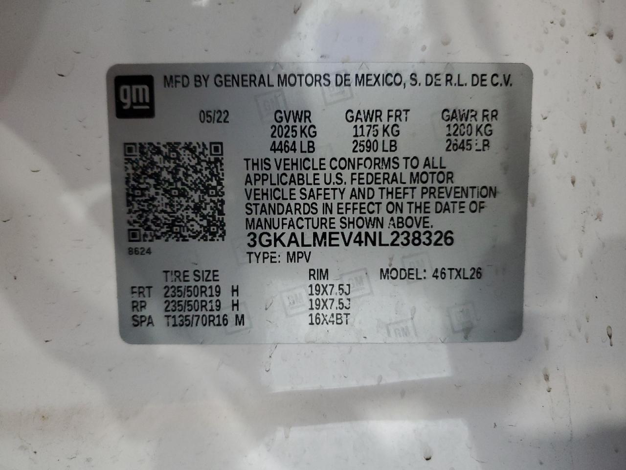 2022 GMC TERRAIN SLE VIN:3GKALMEV4NL238326