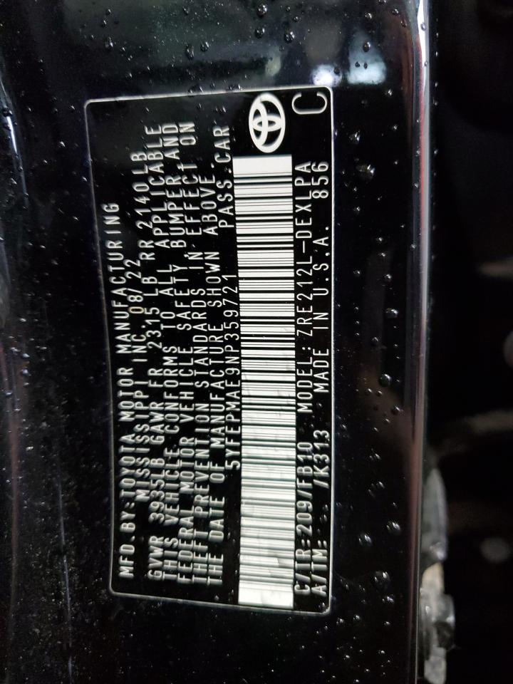 2022 TOYOTA COROLLA LE VIN:5YFEPMAE9NP359721