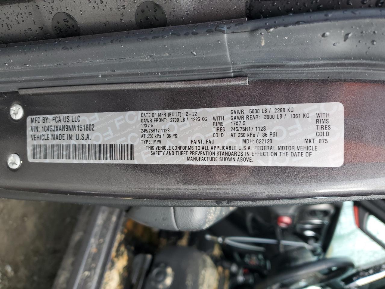 2022 JEEP WRANGLER SPORT VIN:1C4GJXAN9NW151602