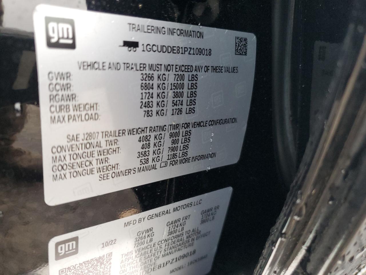 2023 CHEVROLET SILVERADO K1500 LT VIN:1GCUDDE81PZ109018