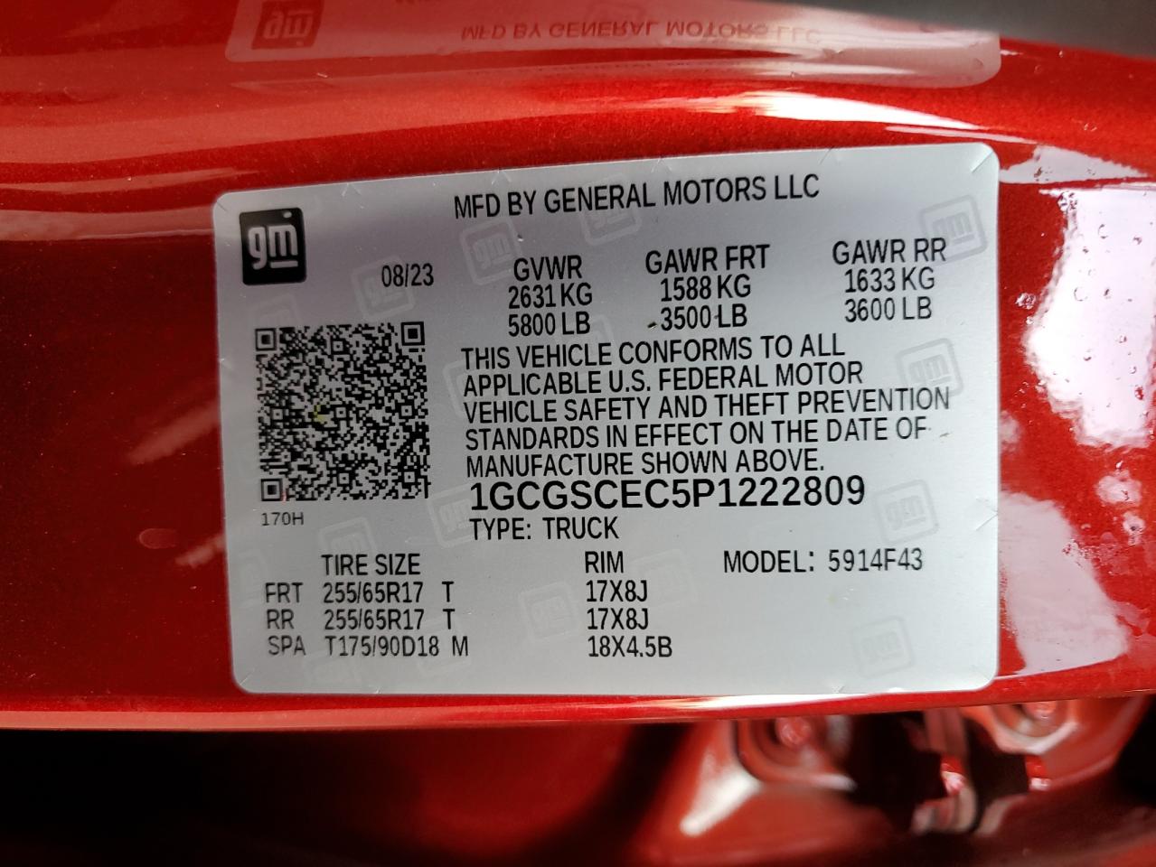 2023 CHEVROLET COLORADO LT VIN:1GCGSCEC5P1222809