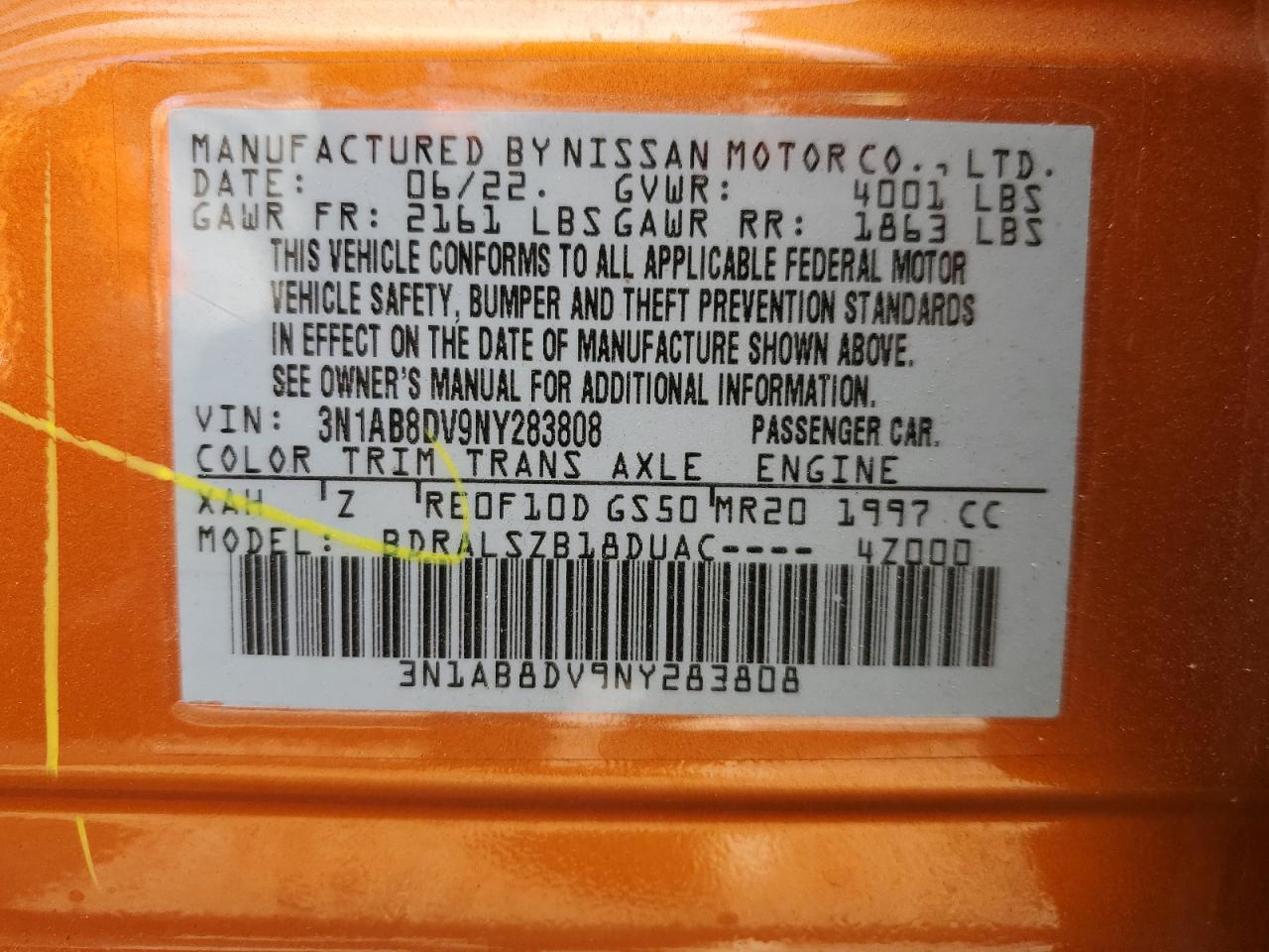 2022 NISSAN SENTRA SR VIN:3N1AB8DV9NY283808