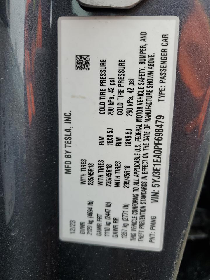 2023 TESLA MODEL 3  VIN:5YJ3E1EA0PF698479