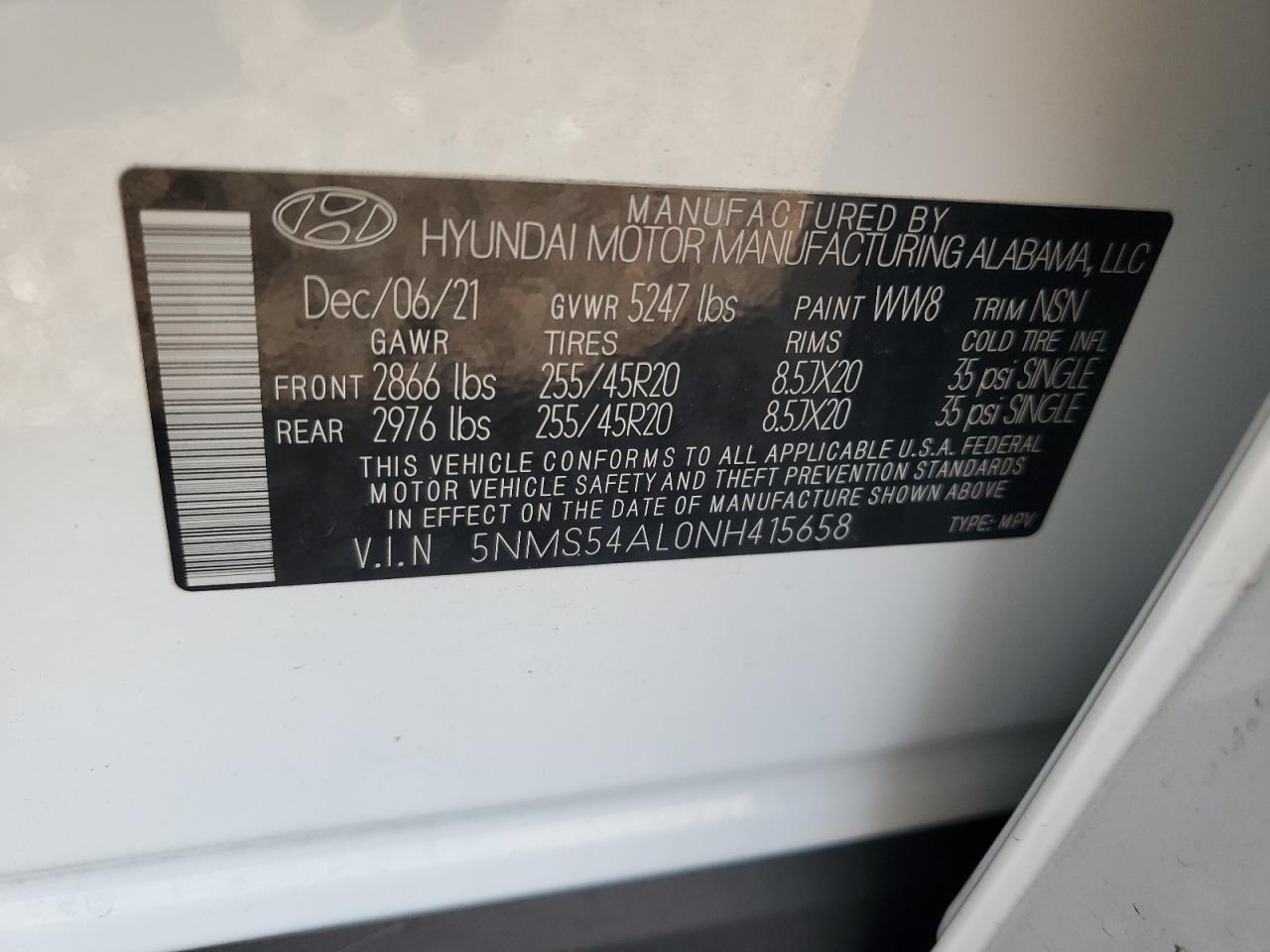 2022 HYUNDAI SANTA FE CALLIGRAPHY VIN:5NMS54AL0NH415658