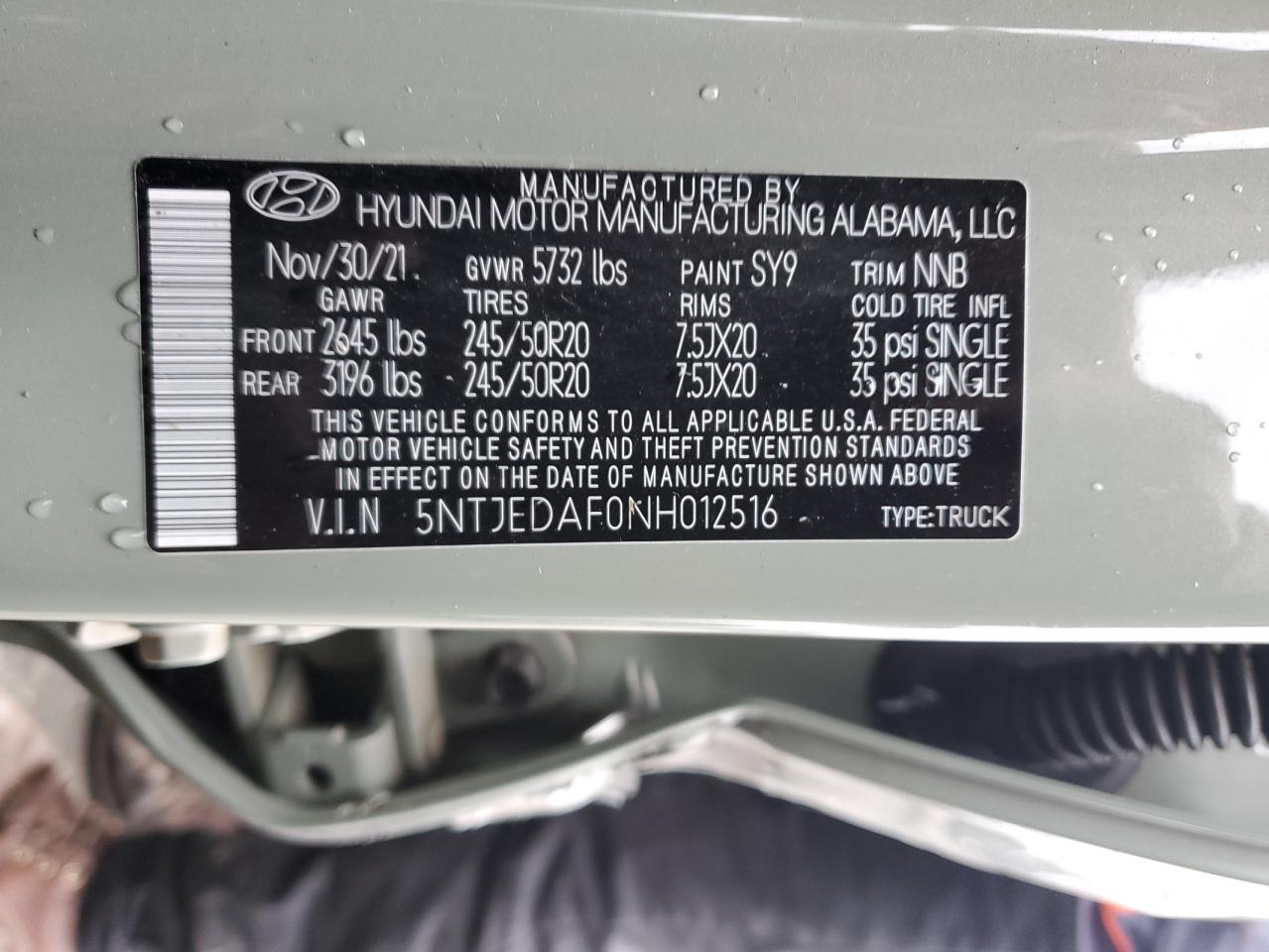 2022 HYUNDAI SANTA CRUZ LIMITED VIN:5NTJEDAF0NH012516