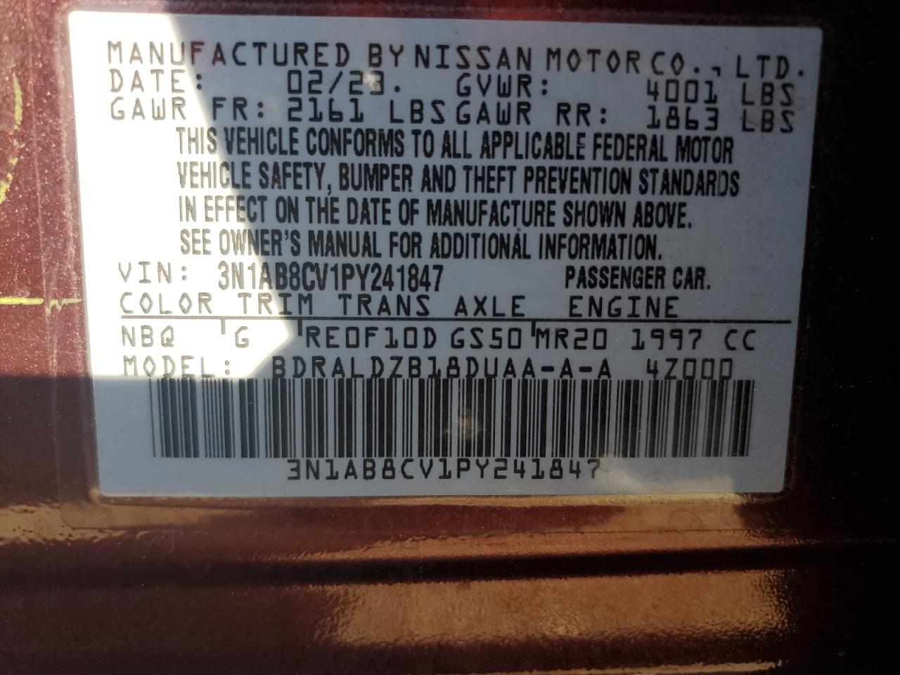 2023 NISSAN SENTRA SV VIN:3N1AB8CV1PY241847