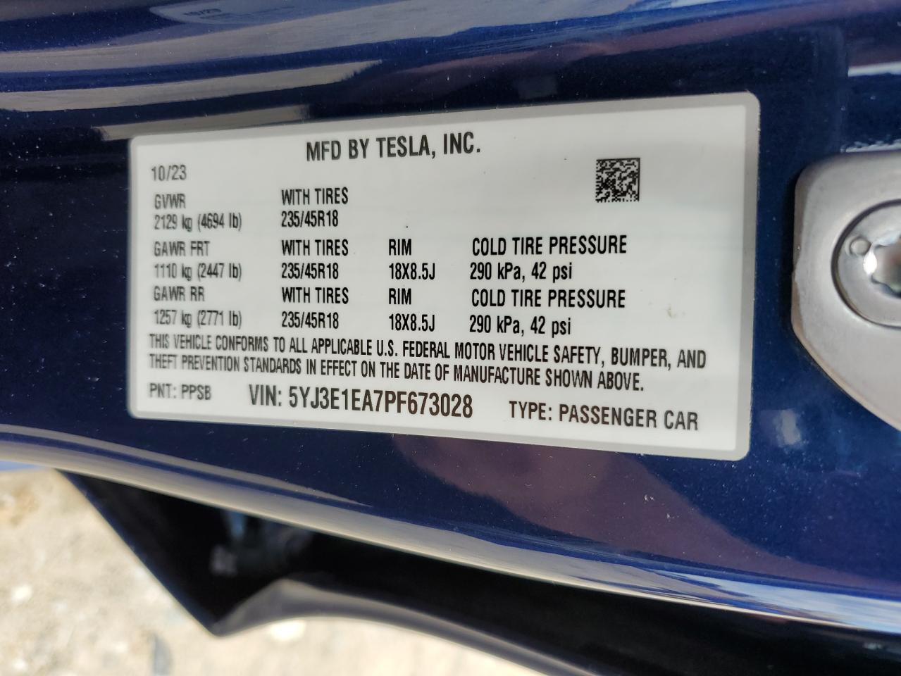 2023 TESLA MODEL 3  VIN:5YJ3E1EA7PF673028