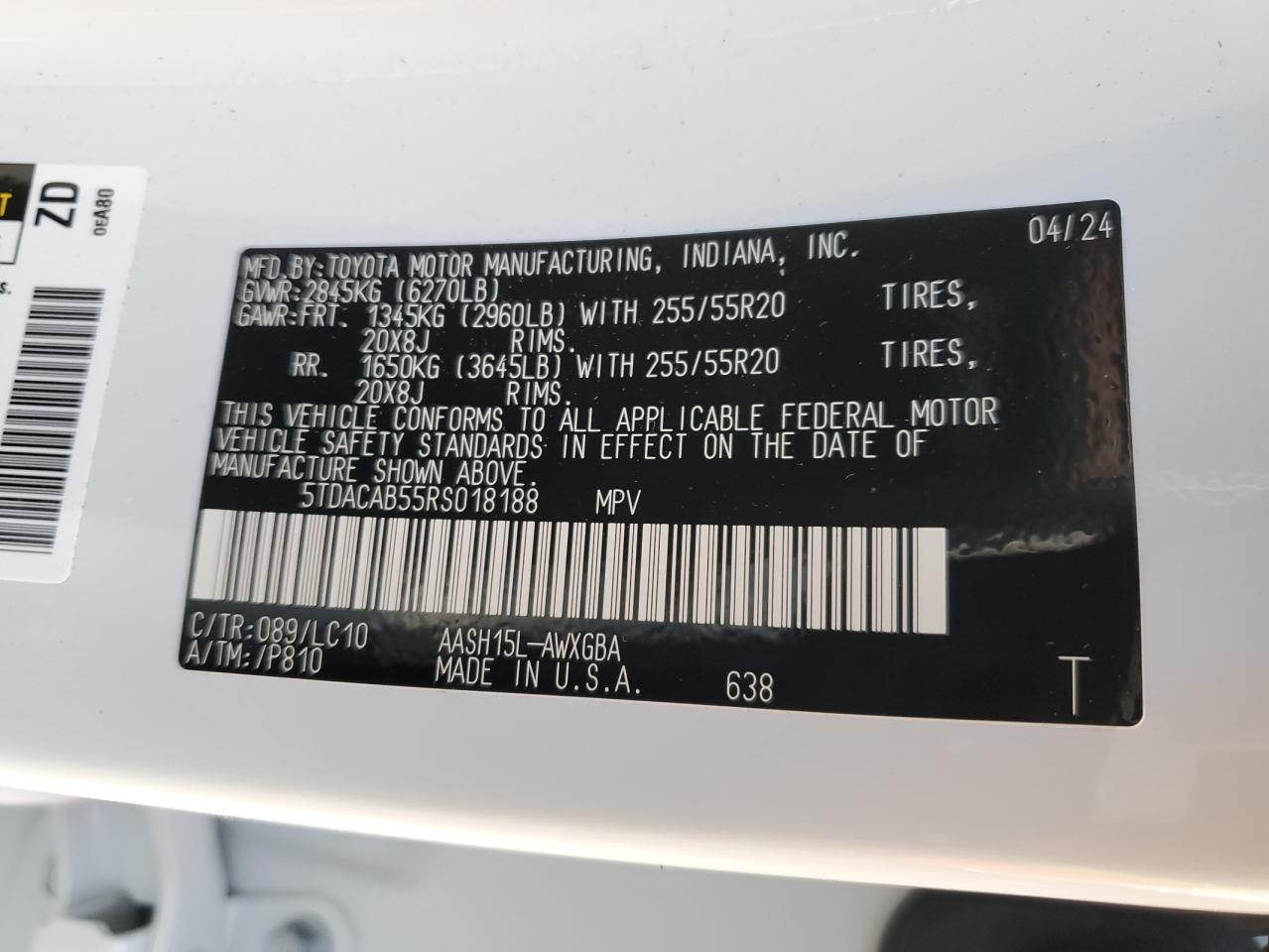 2024 TOYOTA GRAND HIGHLANDER XLE VIN:5TDACAB55RS018188