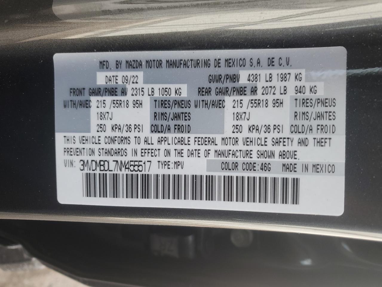 2022 MAZDA CX-30 PREMIUM VIN:3MVDMBDL7NM455517