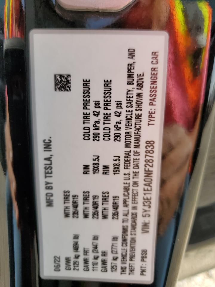 2022 TESLA MODEL 3  VIN:5YJ3E1EA0NF287838