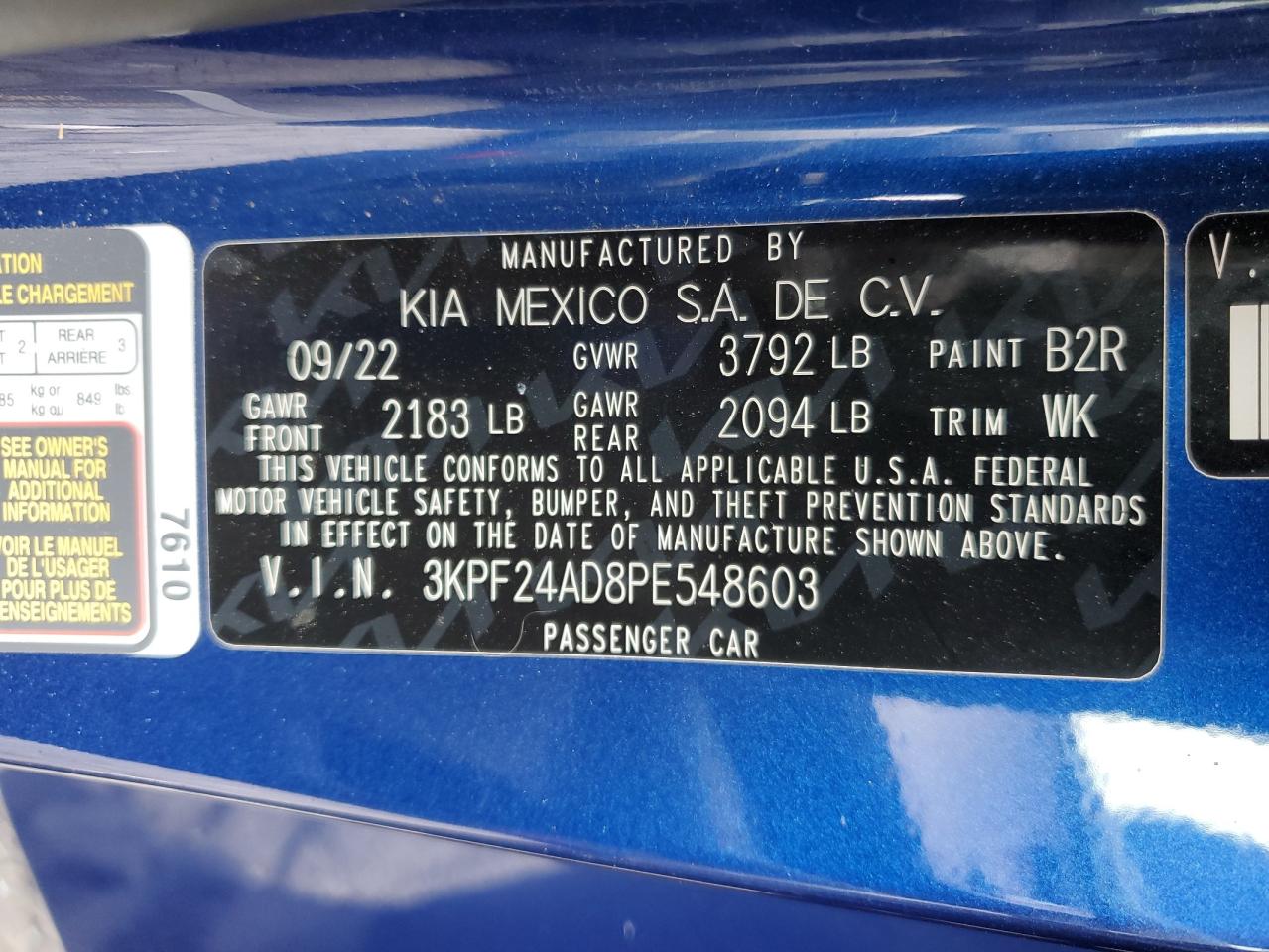 2023 KIA FORTE LX VIN:3KPF24AD8PE548603