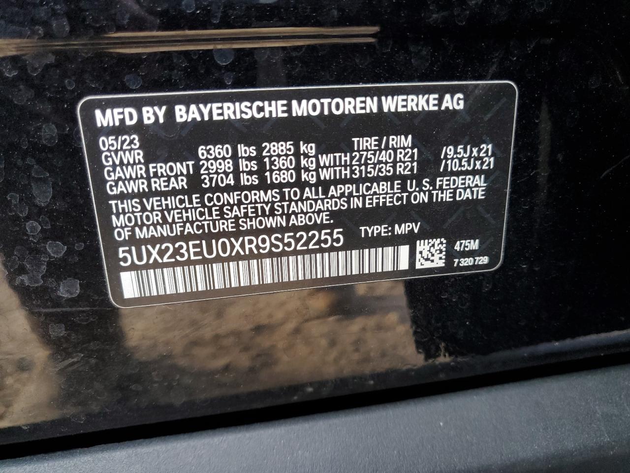 2024 BMW X5 XDRIVE40I VIN:5UX23EU0XR9S52255