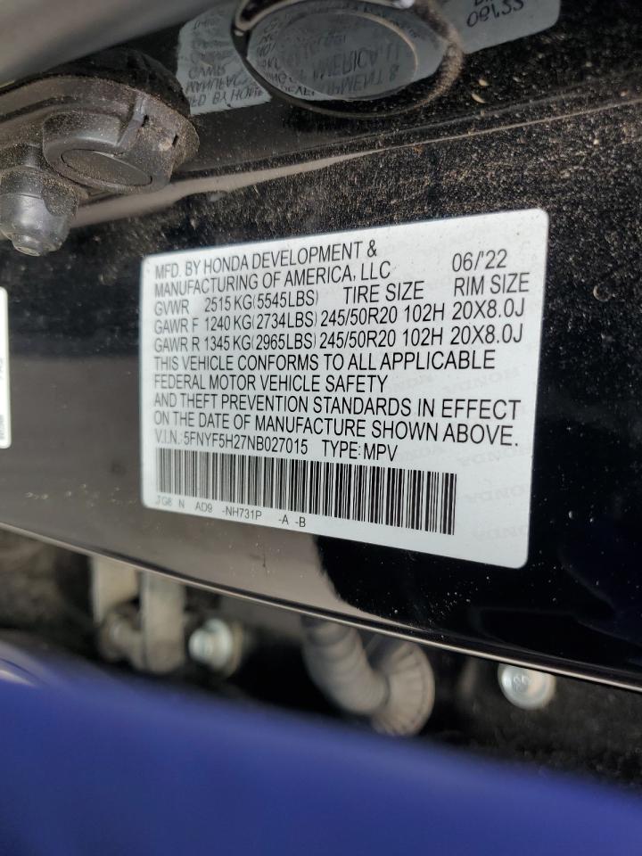 2022 HONDA PILOT SE VIN:5FNYF5H27NB027015