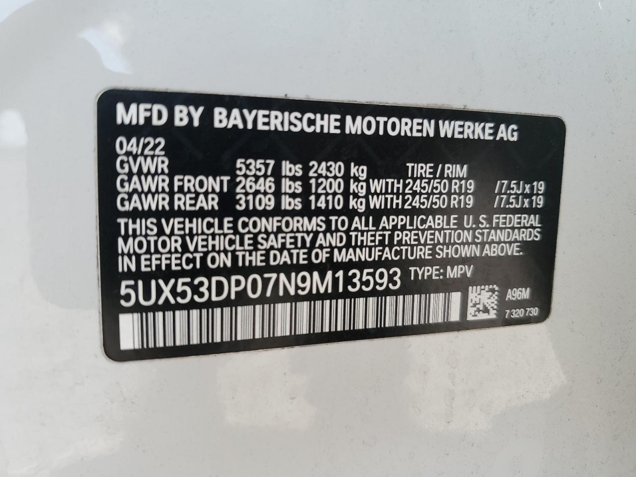 2022 BMW X3 XDRIVE30I VIN:5UX53DP07N9M13593