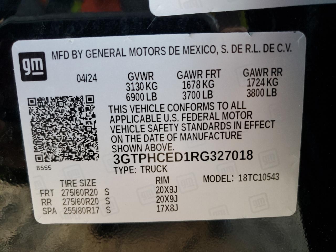 2024 GMC SIERRA C1500 ELEVATION VIN:3GTPHCED1RG327018