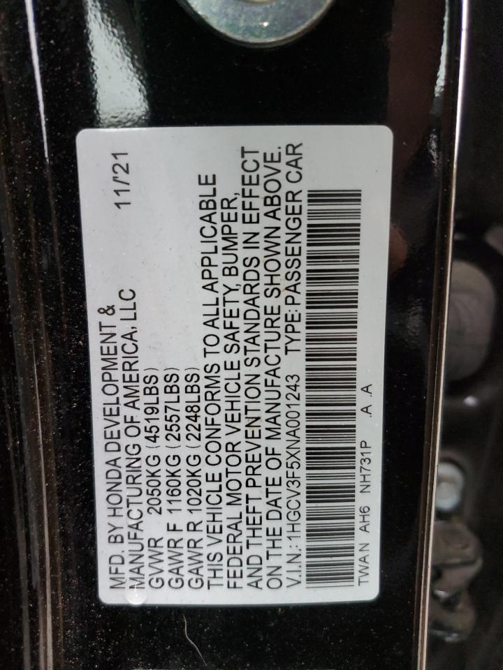 2022 HONDA ACCORD HYBRID EXL VIN:1HGCV3F5XNA001243