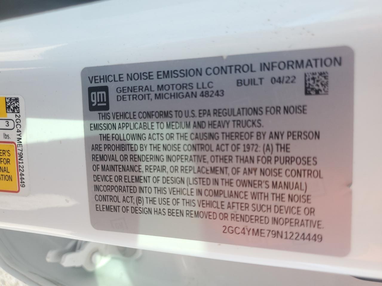 2022 CHEVROLET SILVERADO K2500 CUSTOM VIN:2GC4YME79N1224449