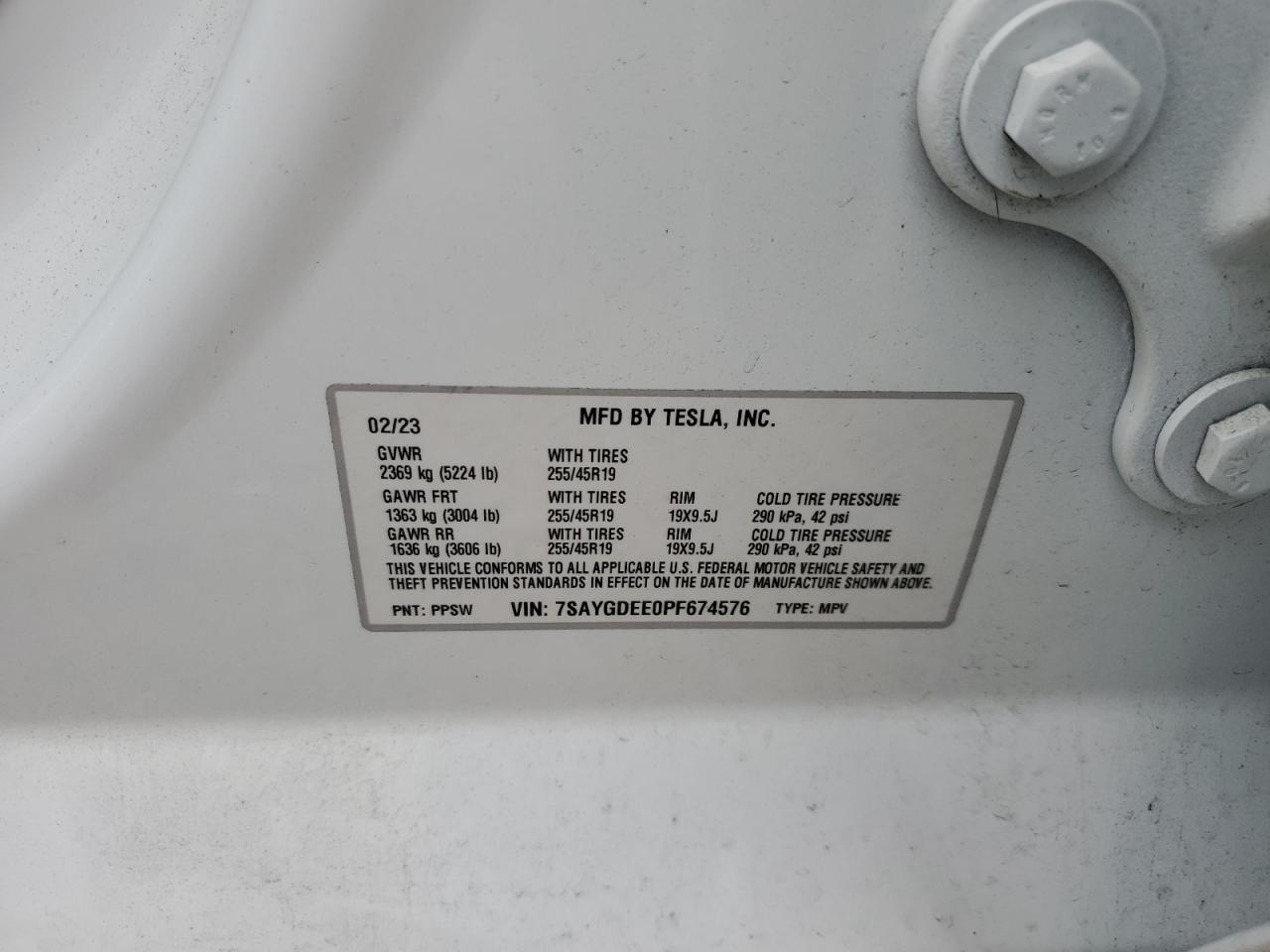 2023 TESLA MODEL Y  VIN:7SAYGDEE0PF674576