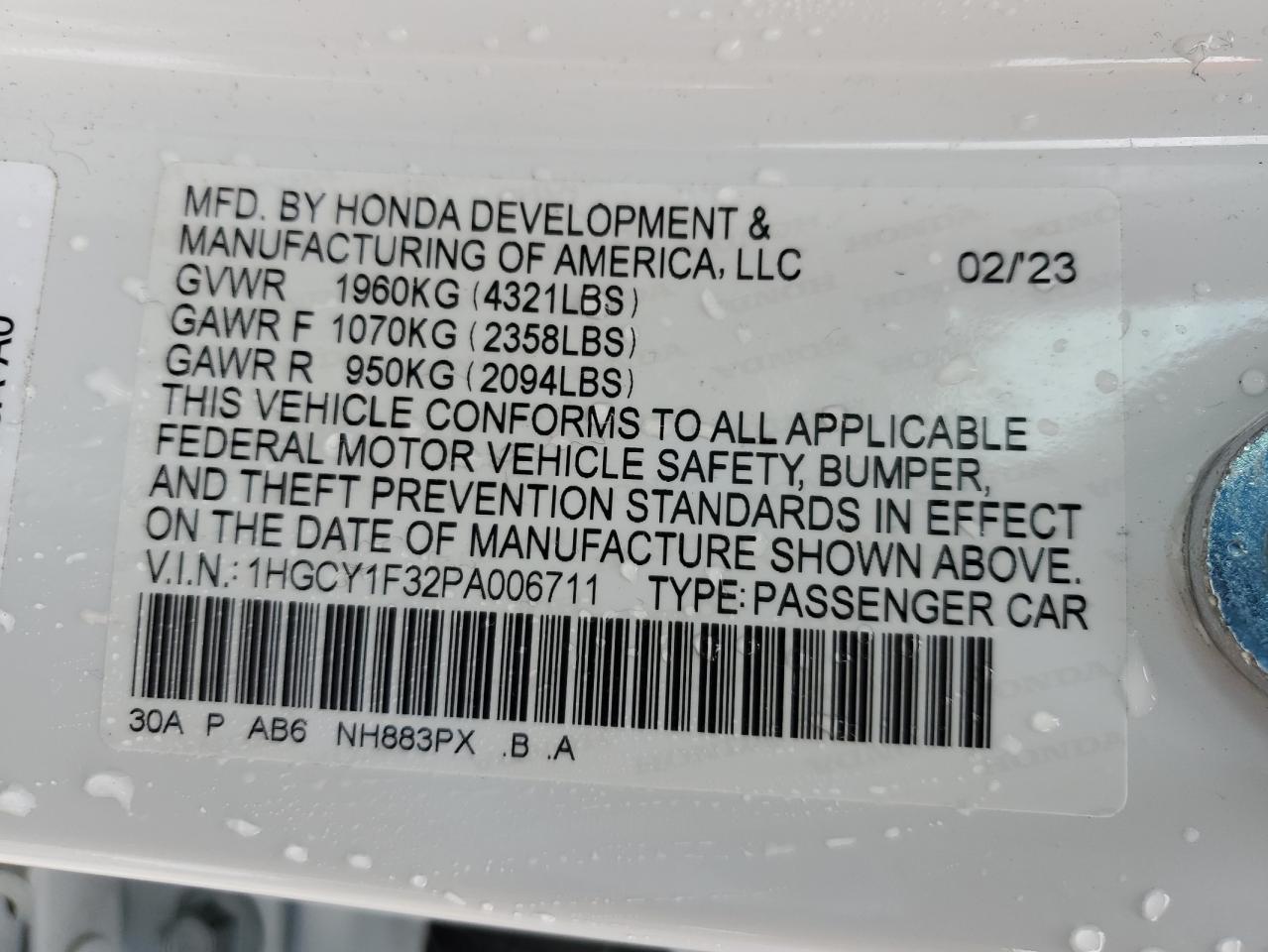 2023 HONDA ACCORD EX VIN:1HGCY1F32PA006711