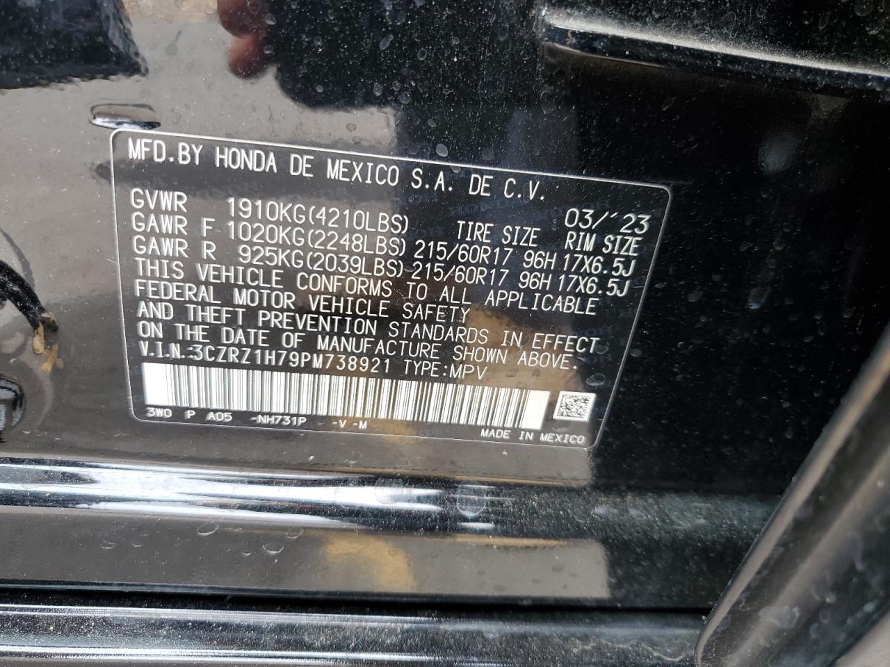 2023 HONDA HR-V EXL VIN:3CZRZ1H79PM738921