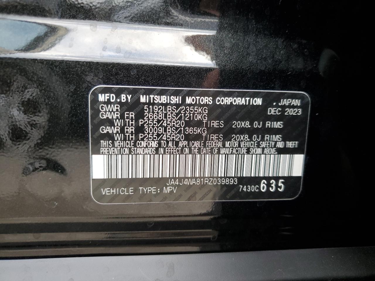 2024 MITSUBISHI OUTLANDER SEL VIN:JA4J4WA81RZ039893