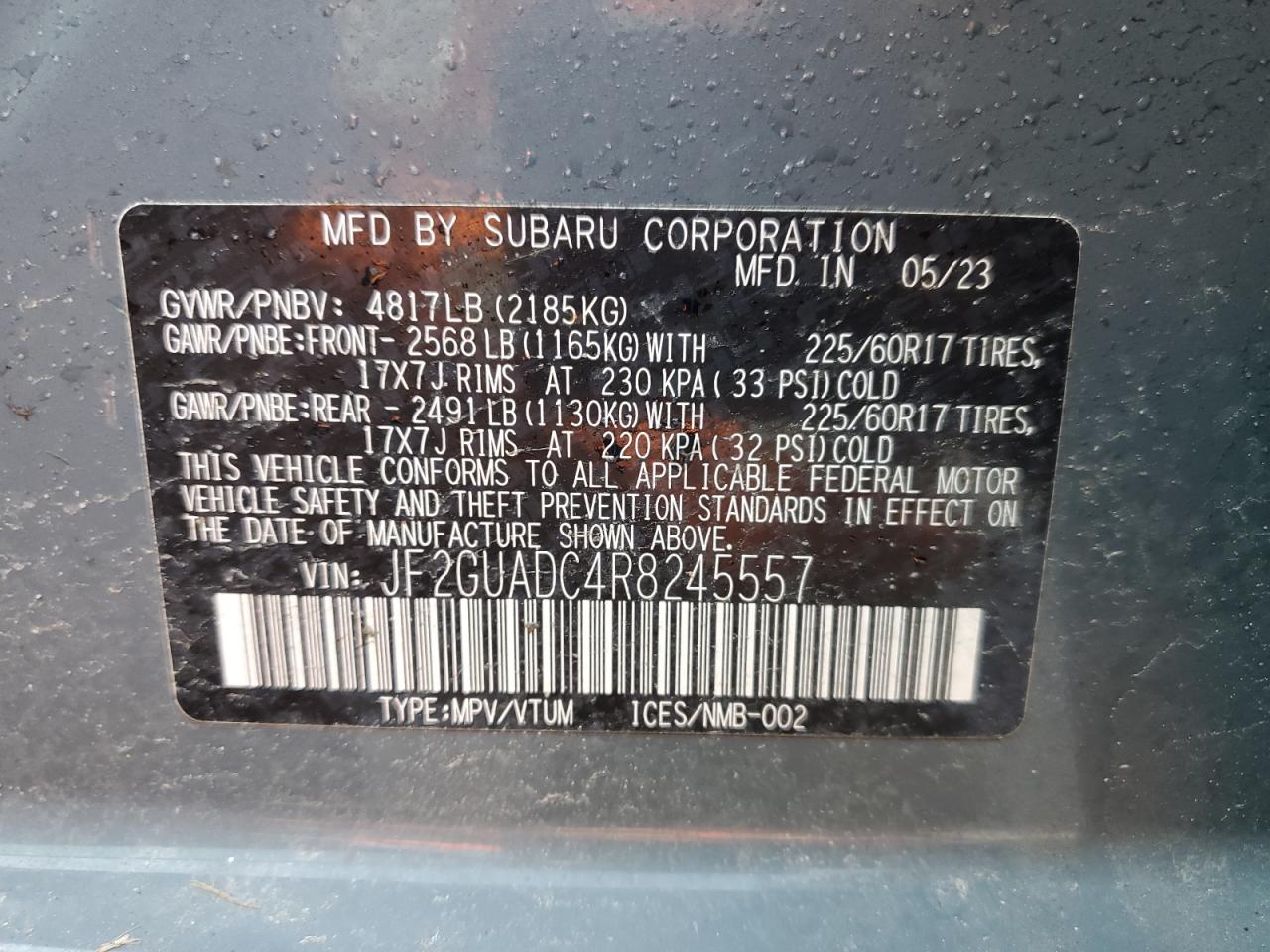 2024 SUBARU CROSSTREK PREMIUM VIN:JF2GUADC4R8245557