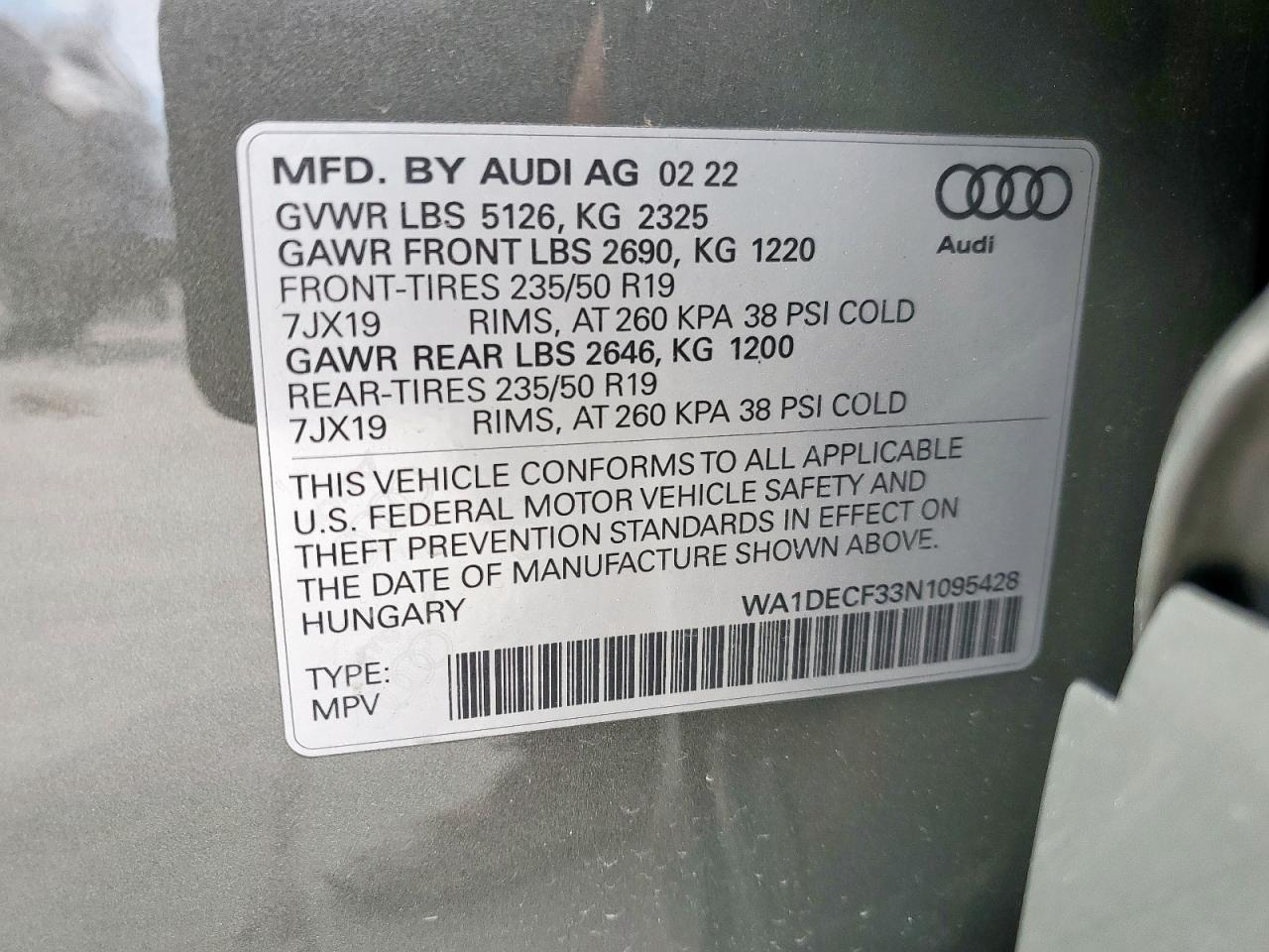 2022 AUDI Q3 PREMIUM S LINE 45 VIN:WA1DECF33N1095428