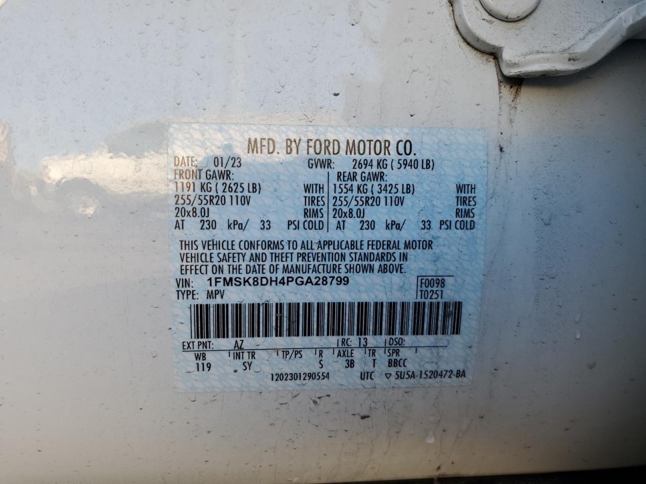 2023 FORD EXPLORER XLT VIN:1FMSK8DH4PGA28799