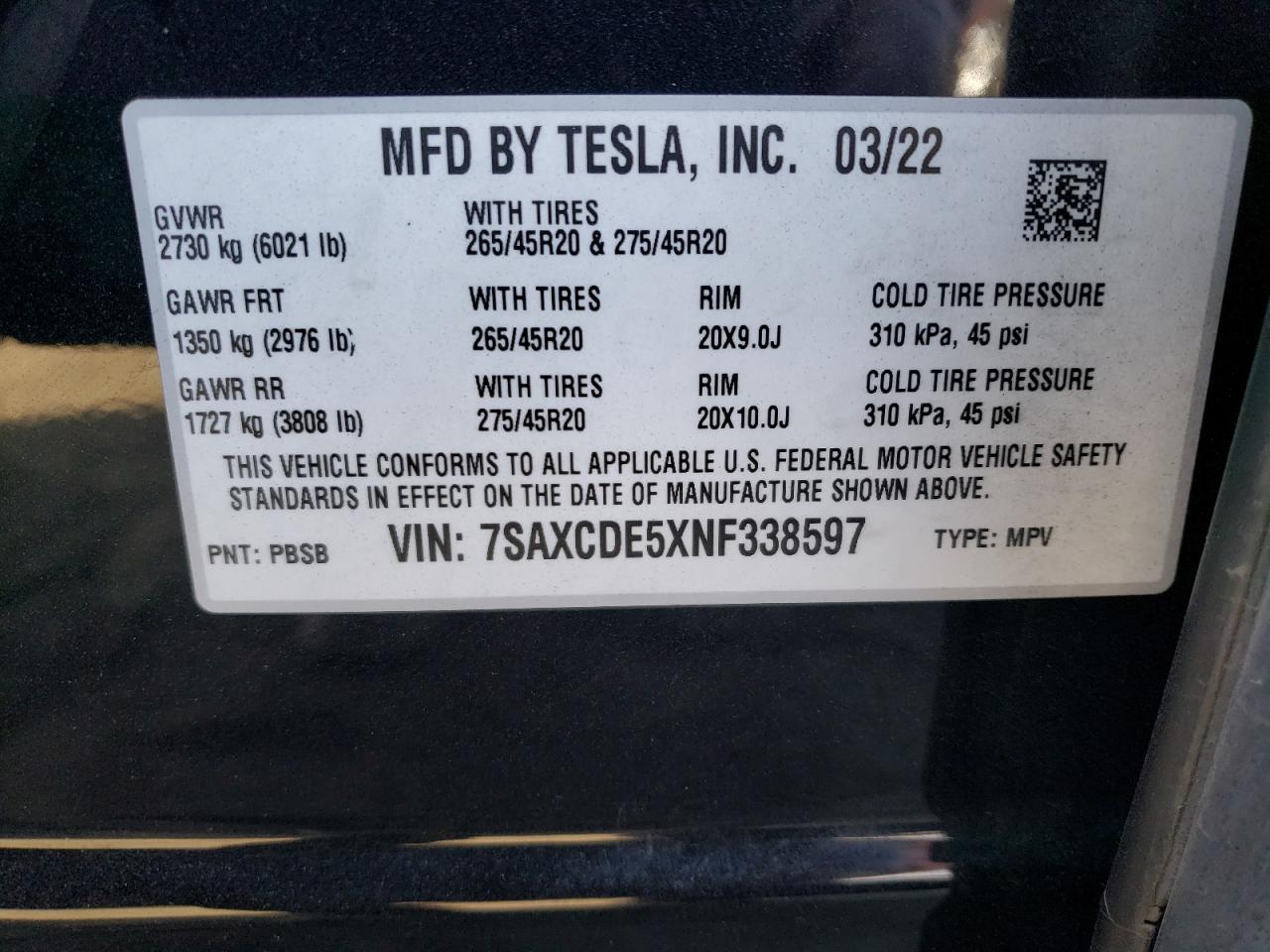 2022 TESLA MODEL X  VIN:7SAXCDE5XNF338597