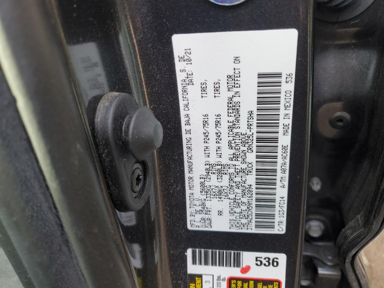 2022 TOYOTA TACOMA DOUBLE CAB VIN:3TMAZ5CN5NM162094