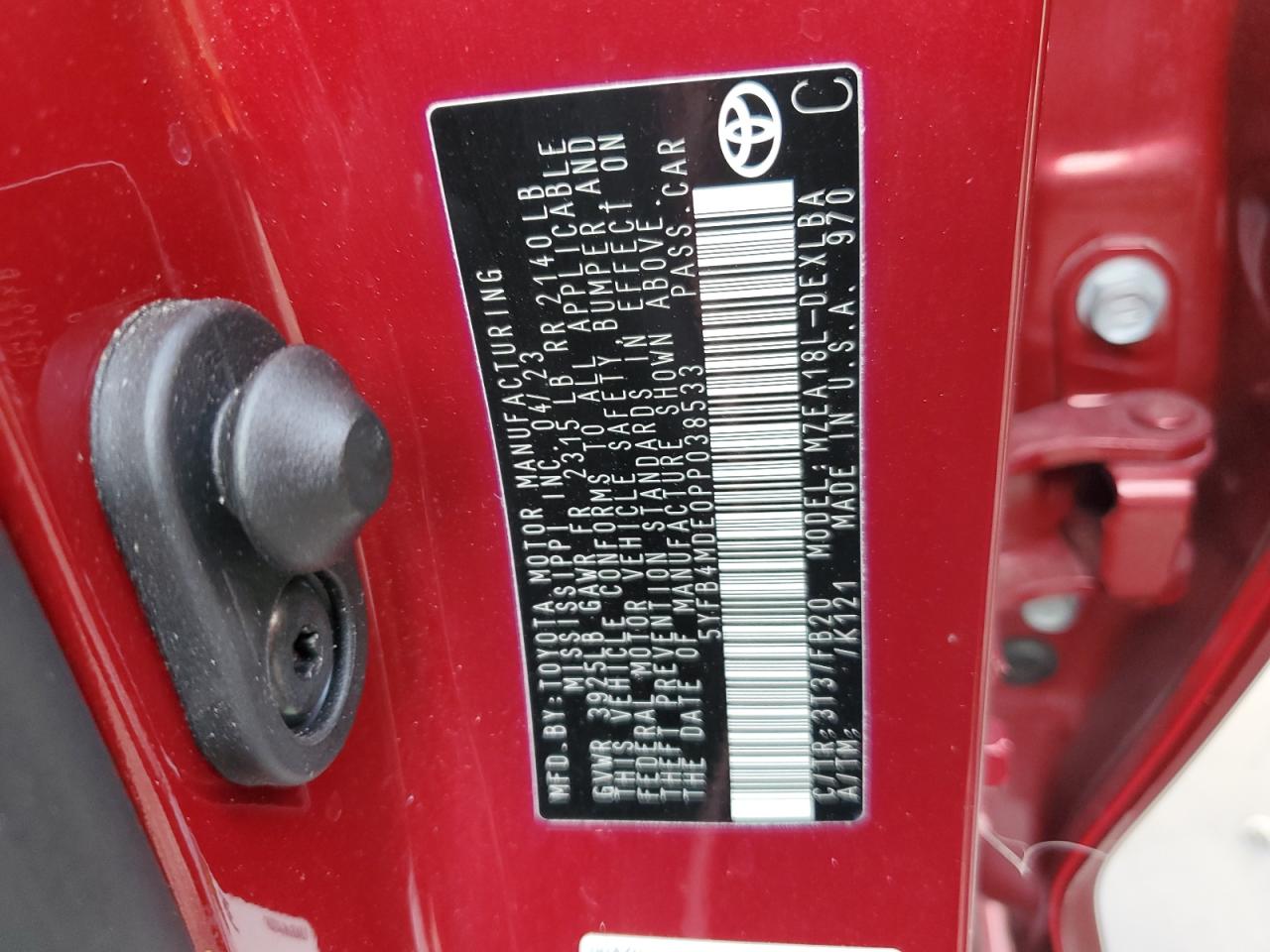 2023 TOYOTA COROLLA LE VIN:5YFB4MDE0PP038533