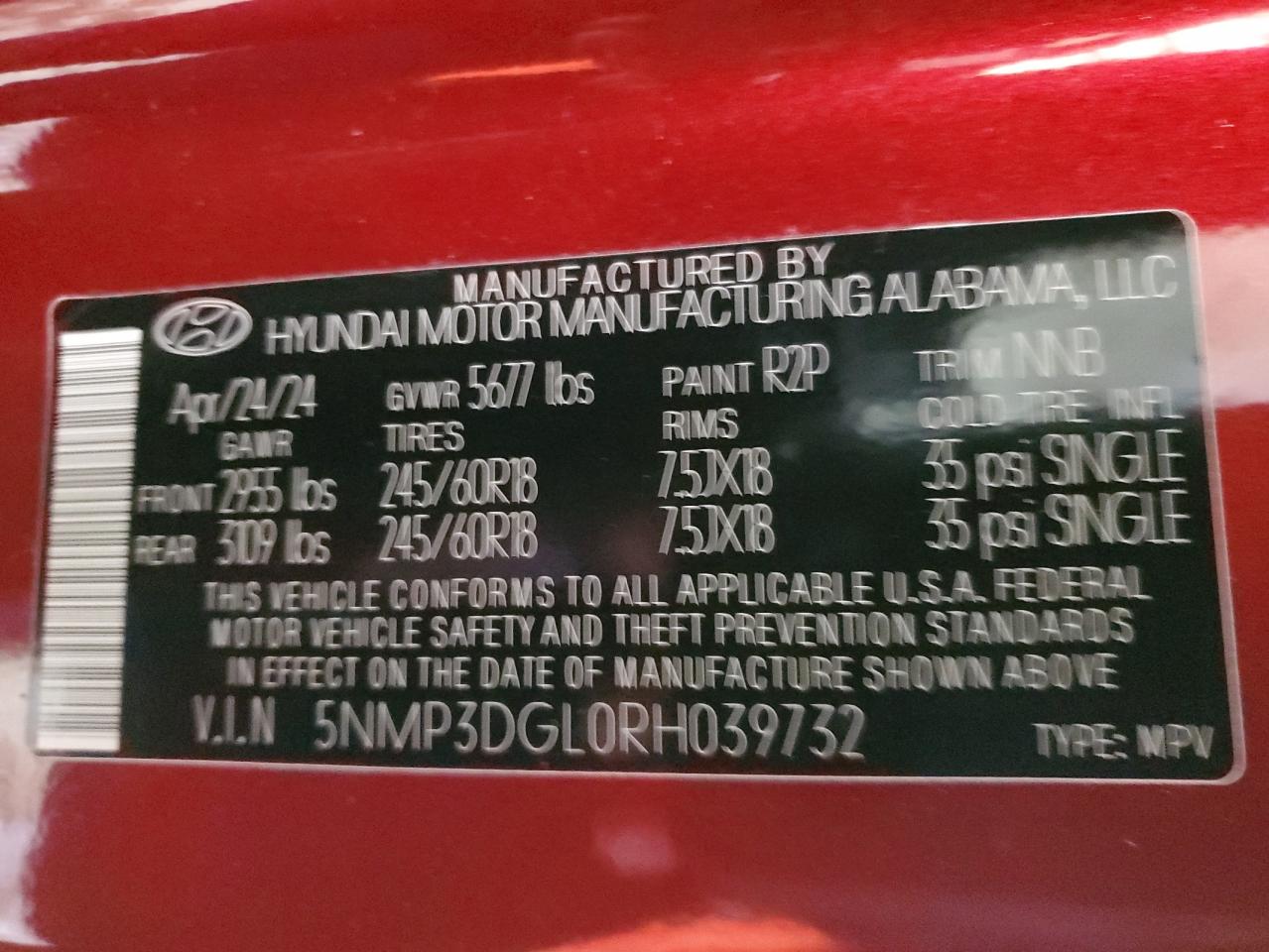 2024 HYUNDAI SANTA FE XRT VIN:5NMP3DGL0RH039732